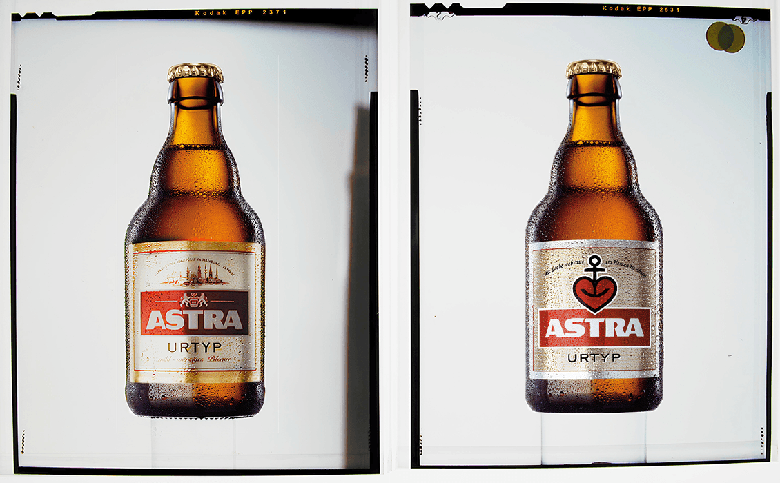 Auf der linken Seite das alte und auf der rechten Seite das neue Verpackungsdesign und Markeninszenierung für Astra – visuelle Neuausrichtung der Kultmarke.
