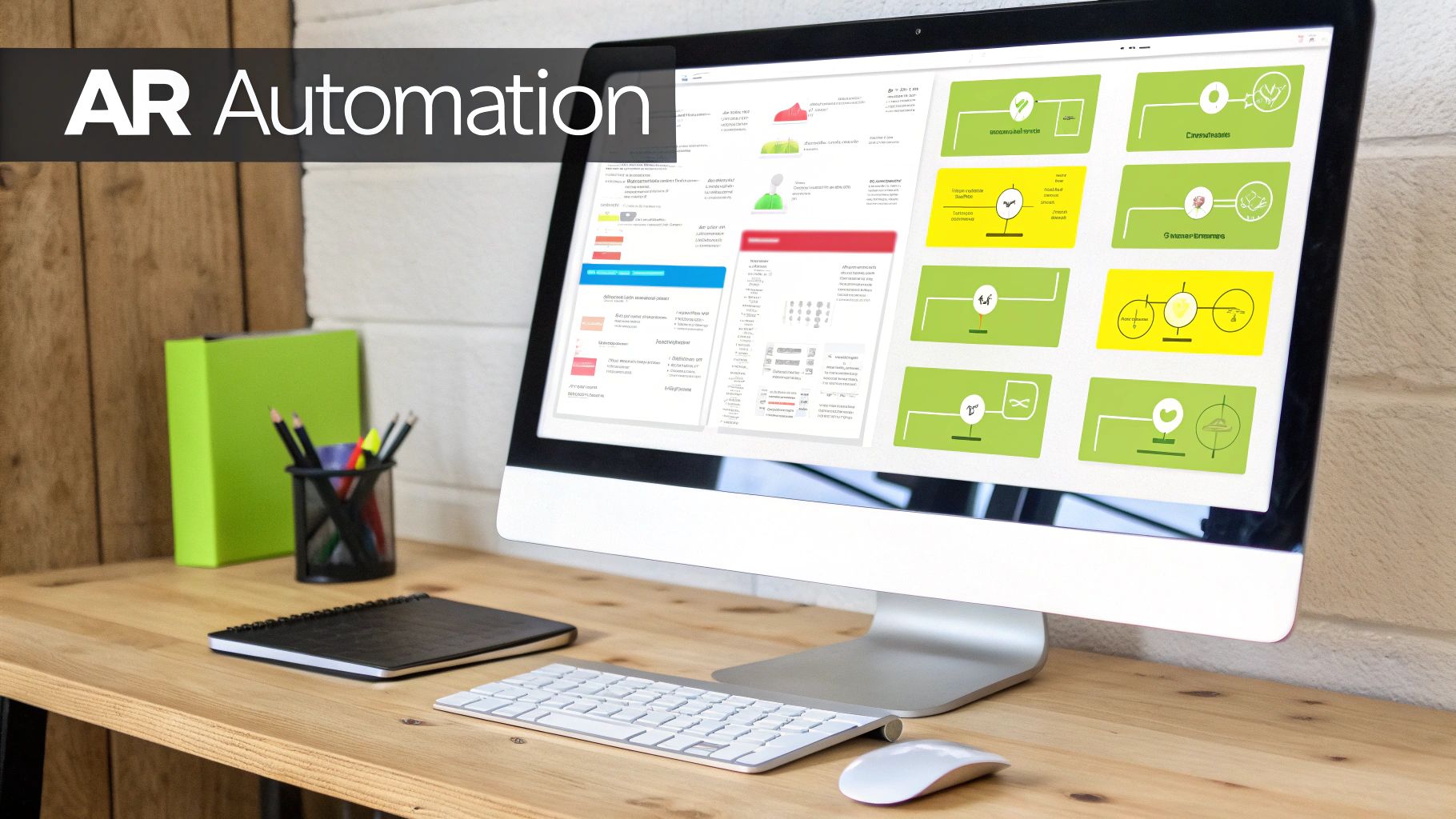 A desk with a computer monitor displaying AR Automation content and various charts, alongside a keyboard and mouse.