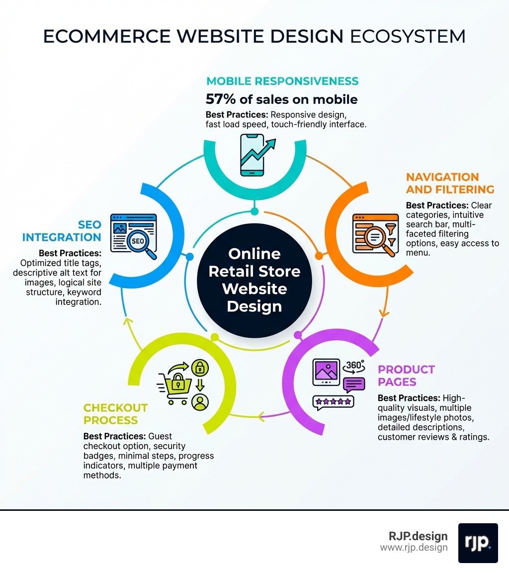 Infographic showing the ecommerce website design ecosystem: five interconnected pillars — Mobile Responsiveness (57% of sales on mobile), Navigation and Filtering (clear categories and search), Product Pages (high-quality visuals and reviews), Checkout Process (guest checkout, security badges, minimal steps), and SEO Integration (title tags, alt text, site structure) — each with a key statistic and a brief description of best practices, arranged in a circular diagram with 'Online Retail Store Website Design' at the center - online retail store website design infographic 