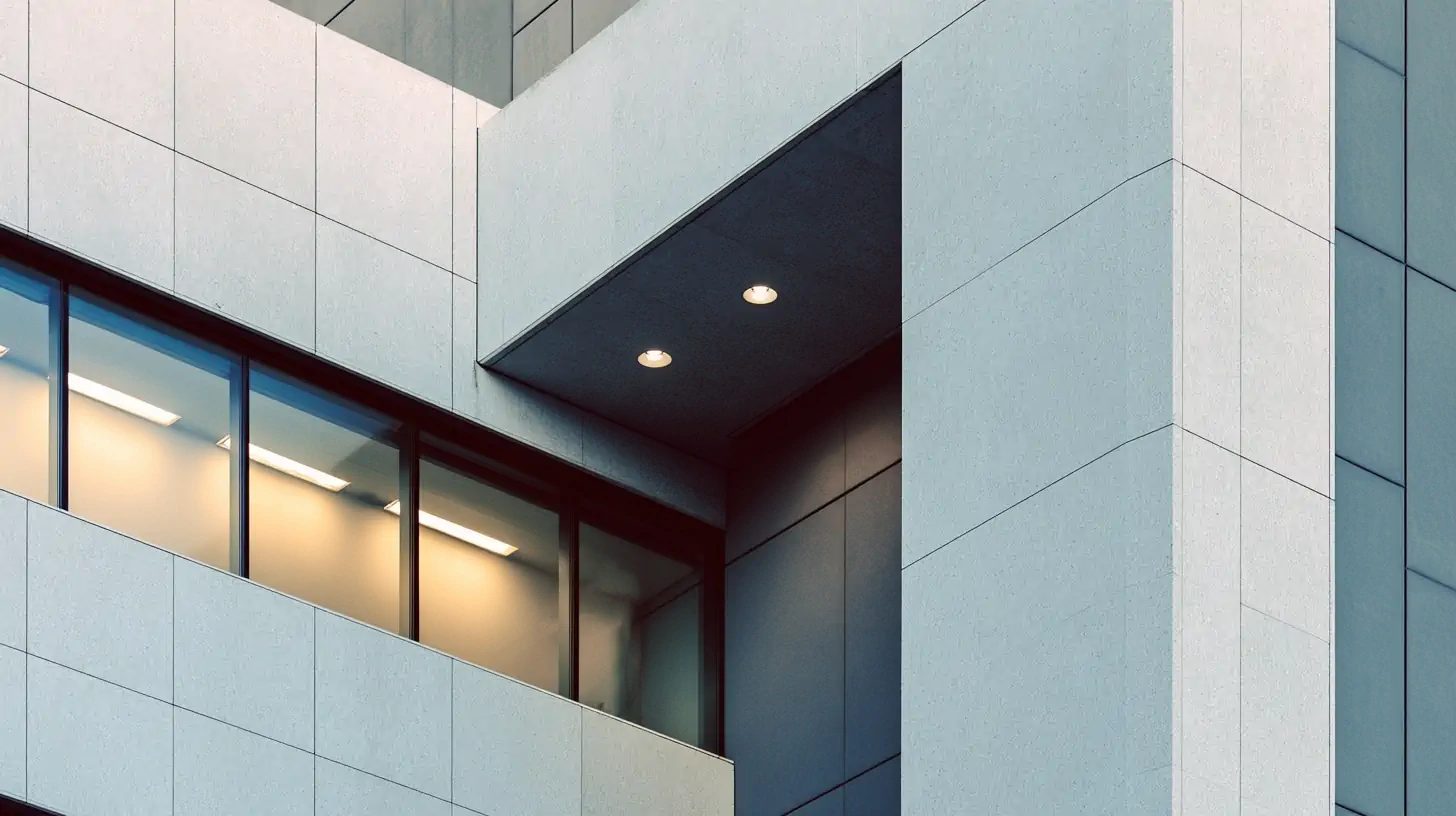 Abstract close-up of a modern office building facade in Dublin with geometric lines and soft lighting, symbolizing professionalism and architectural precision