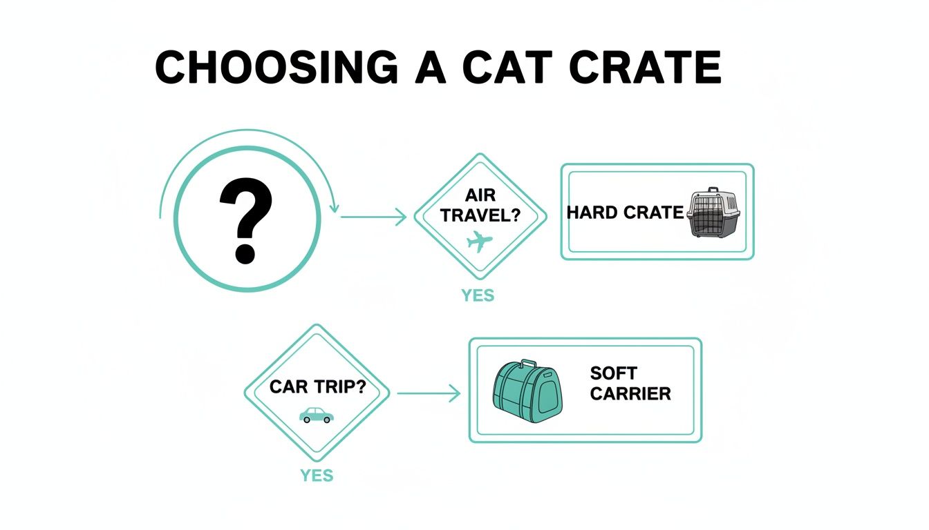 Flowchart guides choosing a cat crate for air travel (hard crate) or car trips (soft carrier).