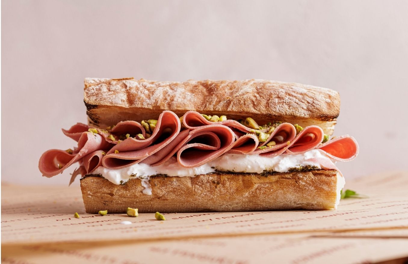 Burrata, Pistachio & Mortadella Sandwich