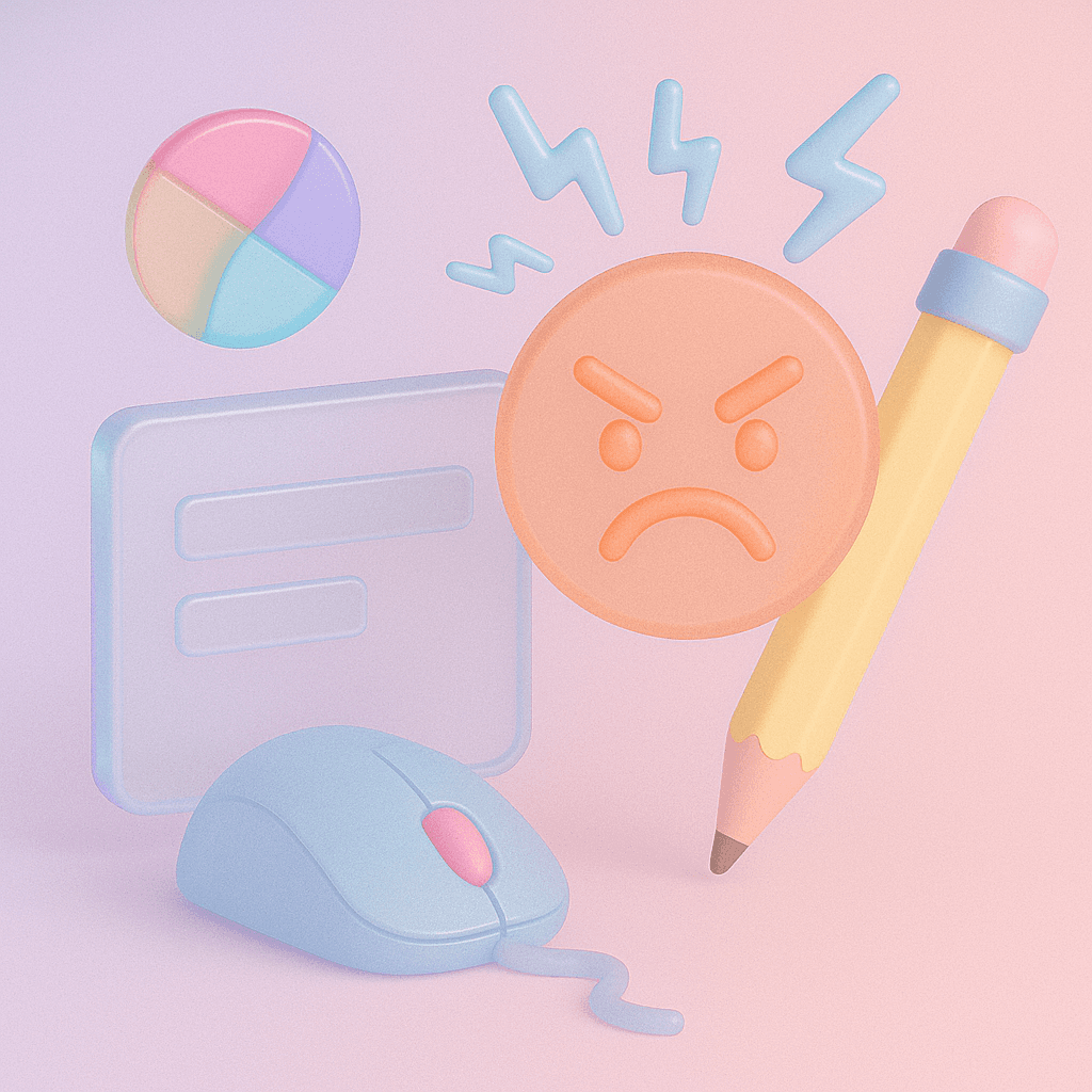 3d elements like mouse and pencil representing Frustration Is a Design Problem — Not a User Problem