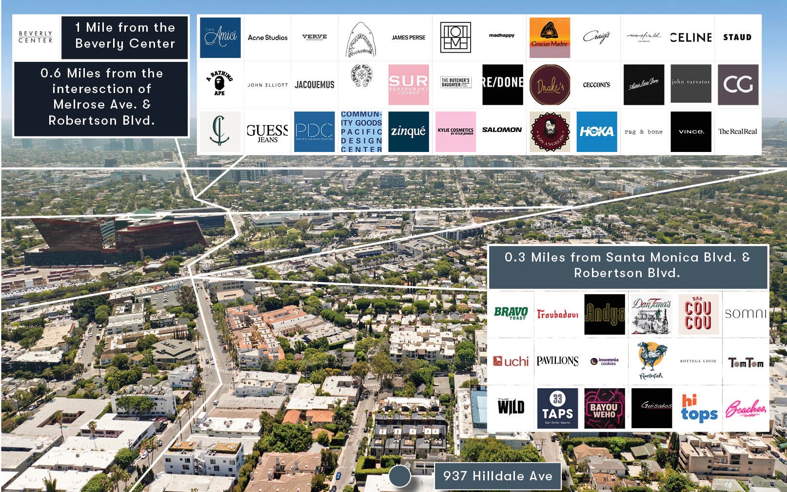Aerial map showing retail, dining, and shopping destinations near 937 Hilldale Ave.