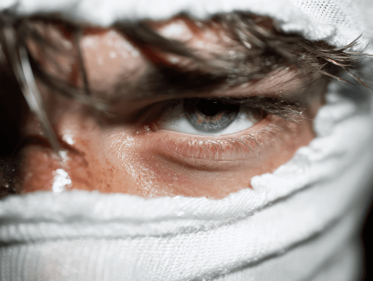 Close-up of a green eye surrounded by white fabric, with detailed textures and dramatic lighting creating an intense visual focus.