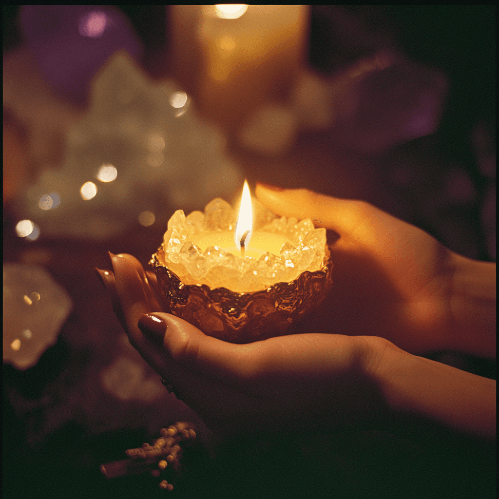 A woman receives a relaxing energy healing in a serene setting with soft lighting.