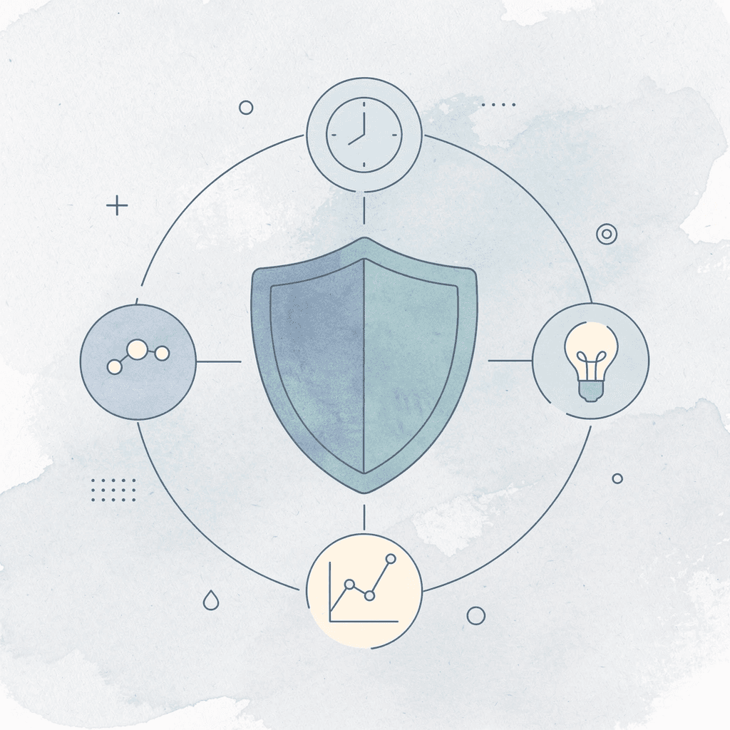 Hub diagram showing modernization surrounded by risk, speed, logic, and growth icons