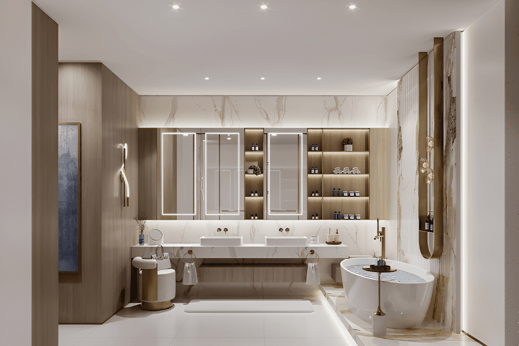 A modern bathroom featuring elegant marble walls and a stylish tub, designed by The Symphony by Imtiaz.