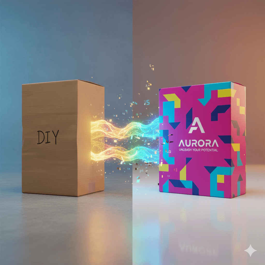 A split image showing two boxes; one brown and plain, the other colorful and vibrant, with light merging between them.