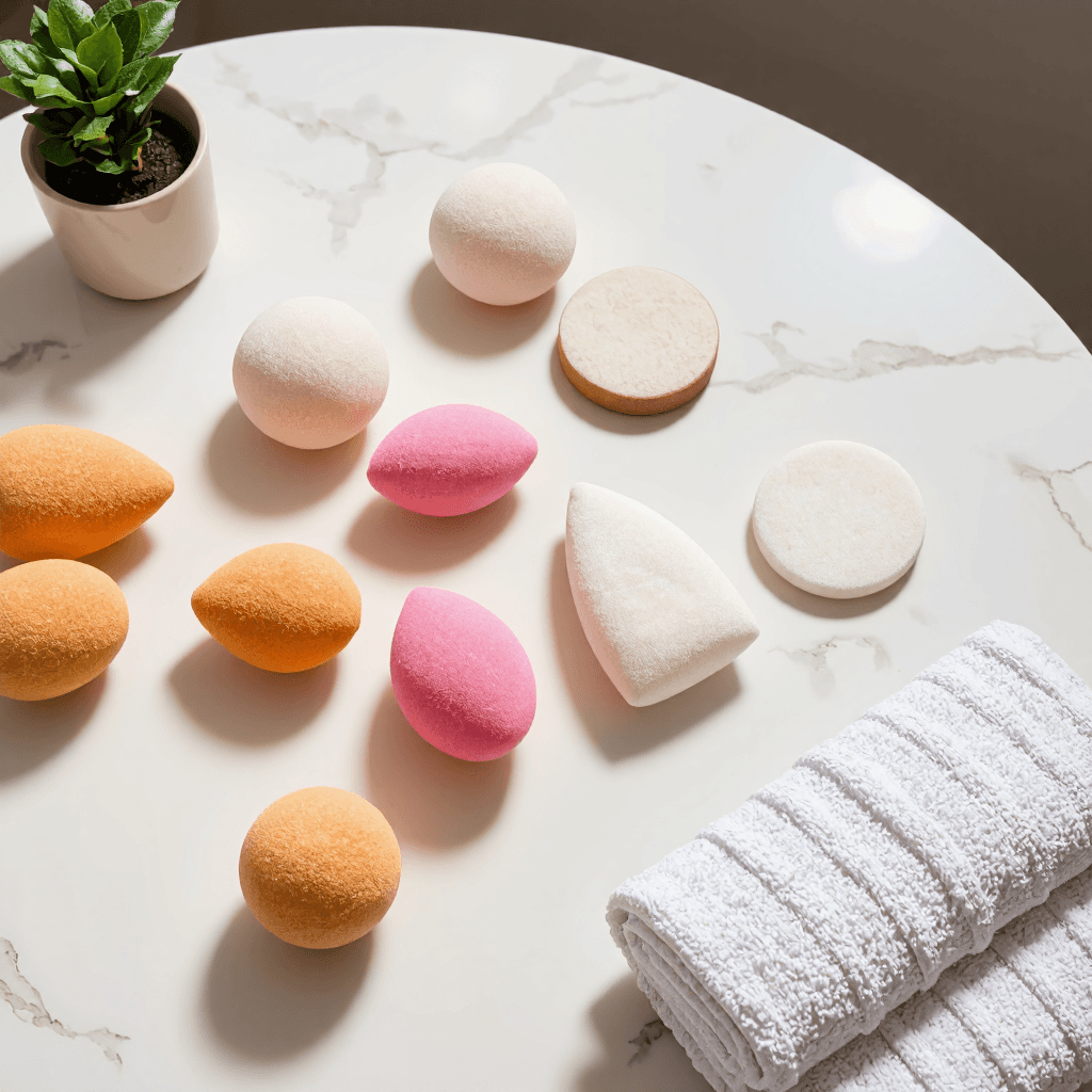 product photography of makeup sponges and powder puffs