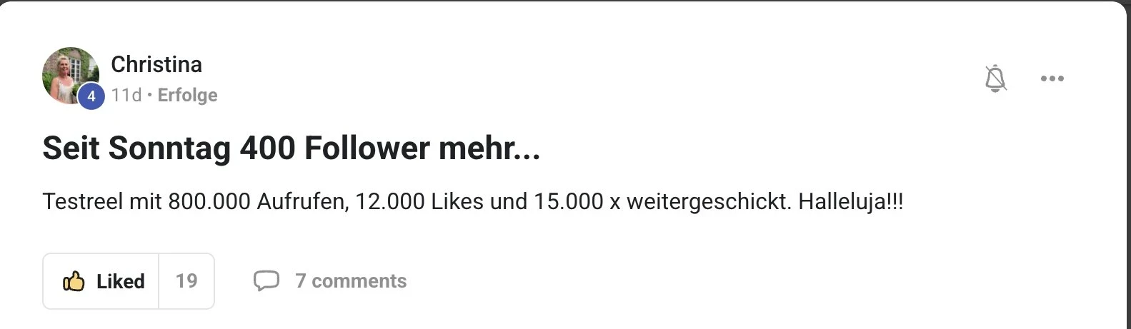 Kundenstimme KI Creator Akademie: Christinas Testreel erreicht 800.000 Aufrufe und 400 neue Follower