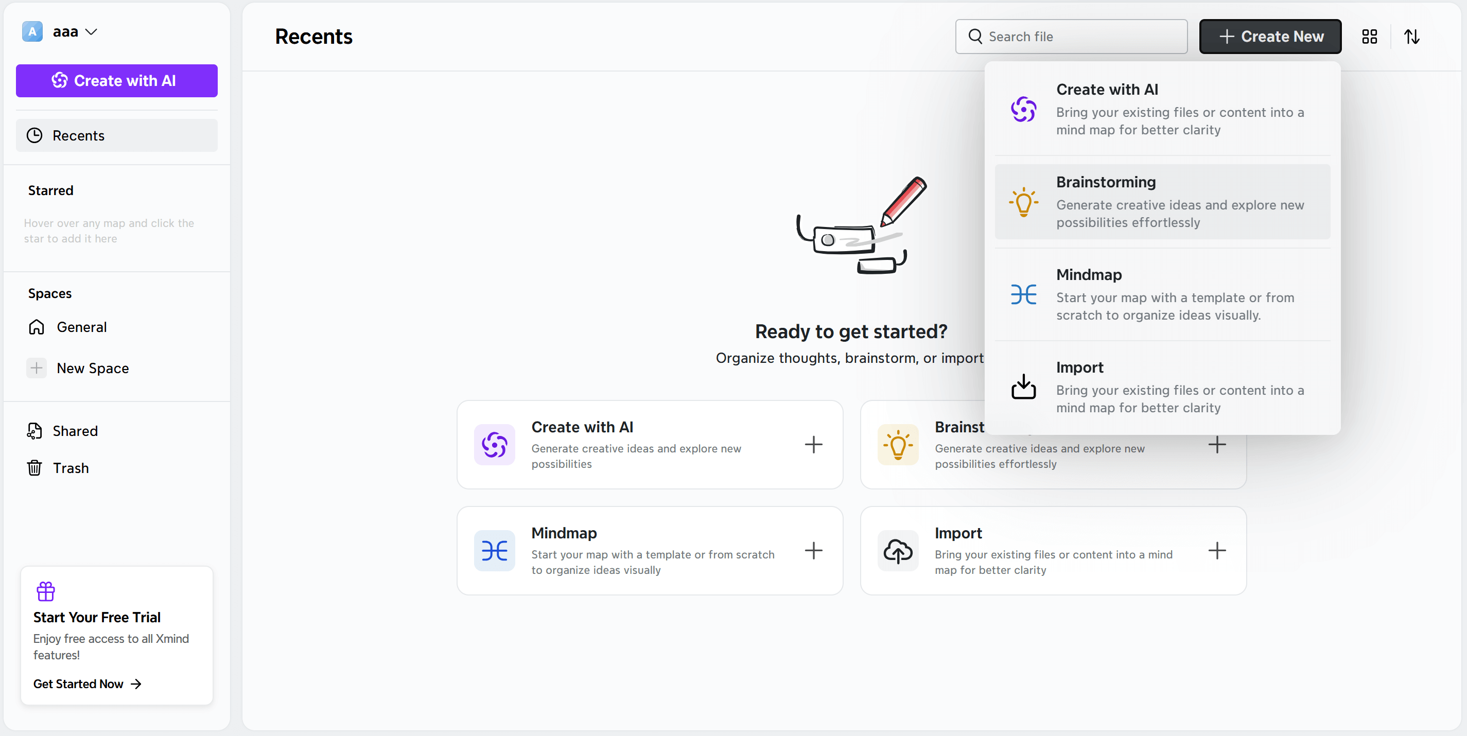 Xmind interface for brainstorming and mind mapping