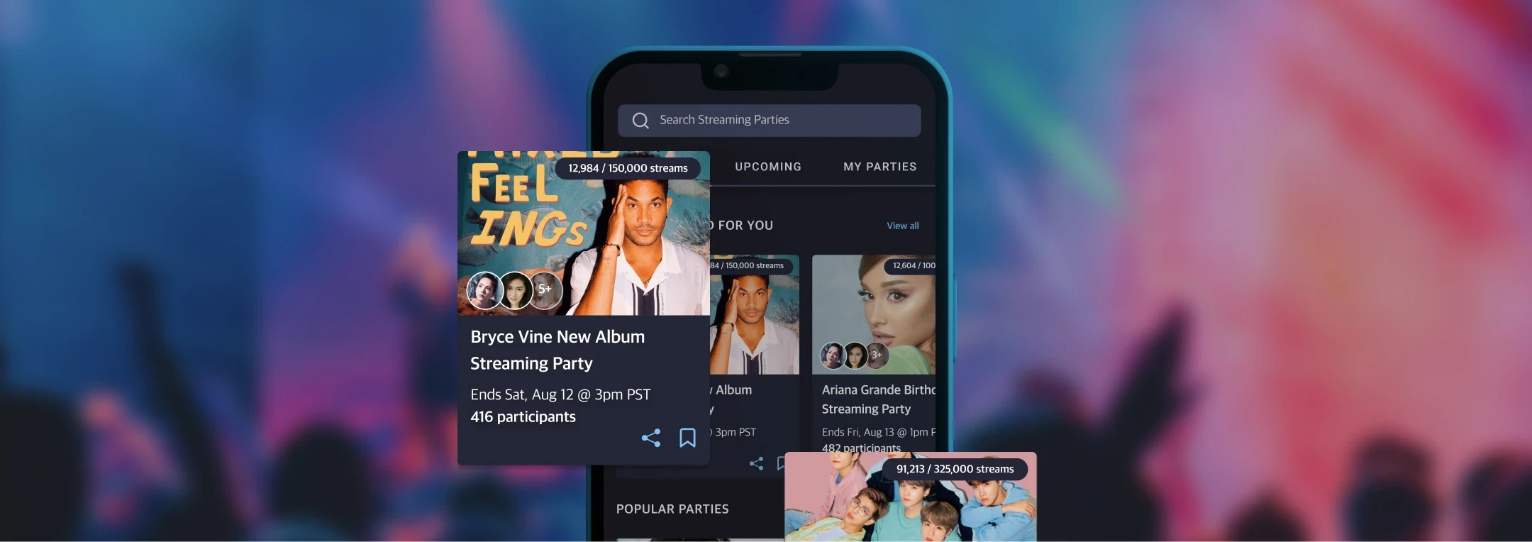 Renaissance app with streaming screen, upcoming streaming parties are outside of the app