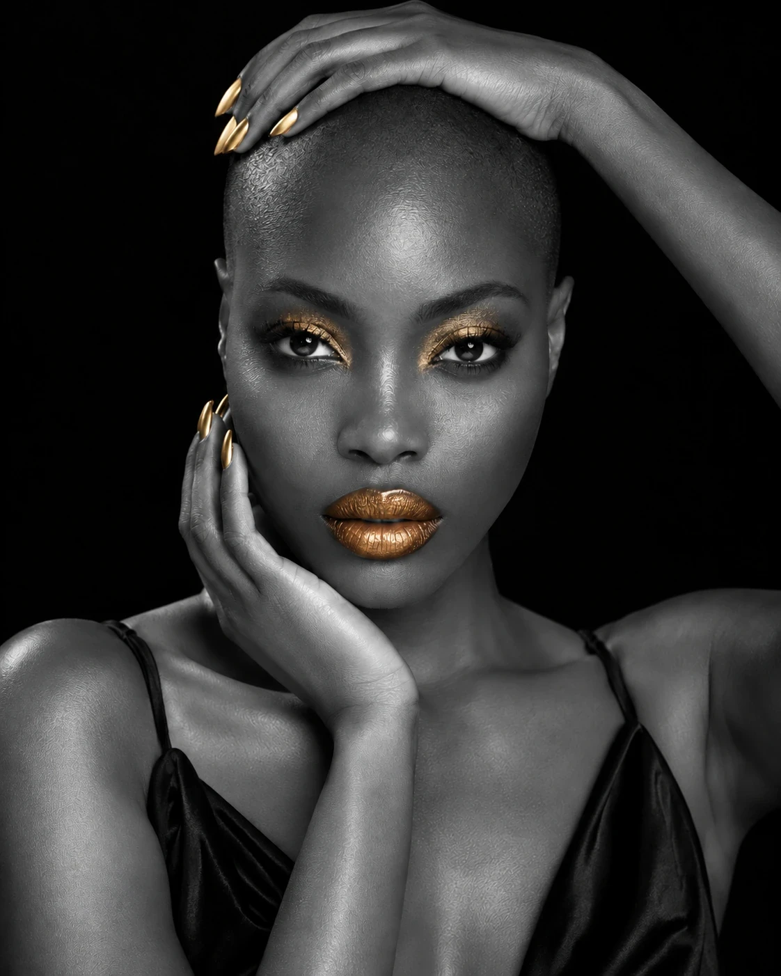 Selective-colour version: Gold lips, eyelids and nails glow between two hands framing the face