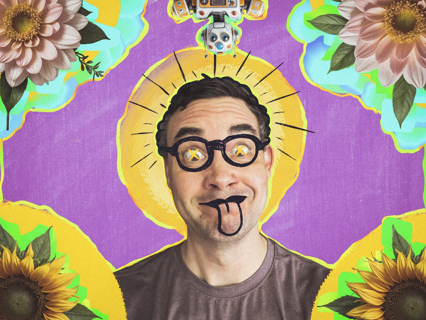 A smiling person with glasses poses in front of a colorful, floral background with sunflowers and vibrant patterns.