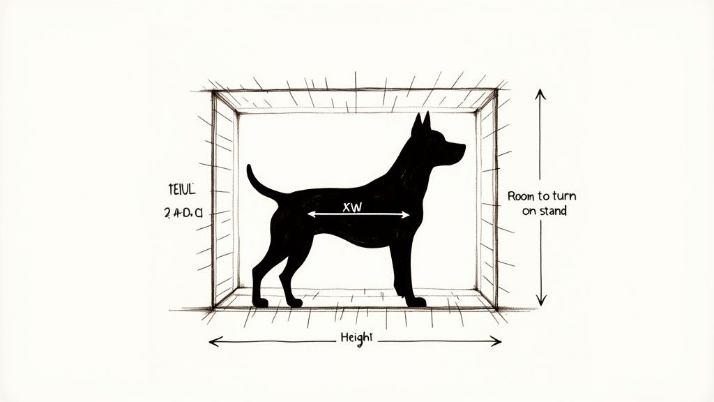 Dog crate sizing diagram showing height, width, and room to turn measurements for proper fit