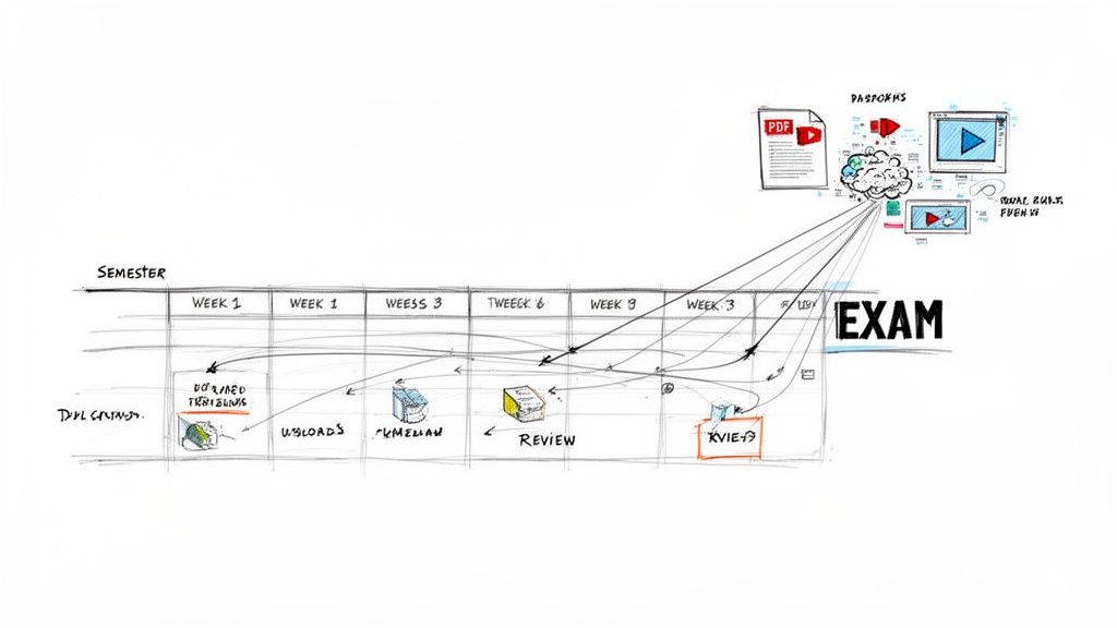 A visual study timeline shows semester weeks, tasks like outlining and review, and digital learning platforms leading to an exam.