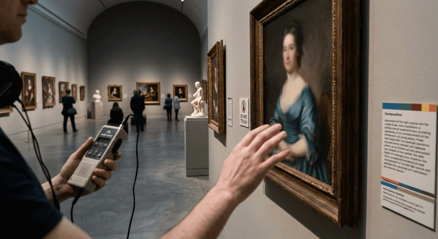 Person using an audio guide and touching a painting of a woman in a blue gown at a museum gallery.