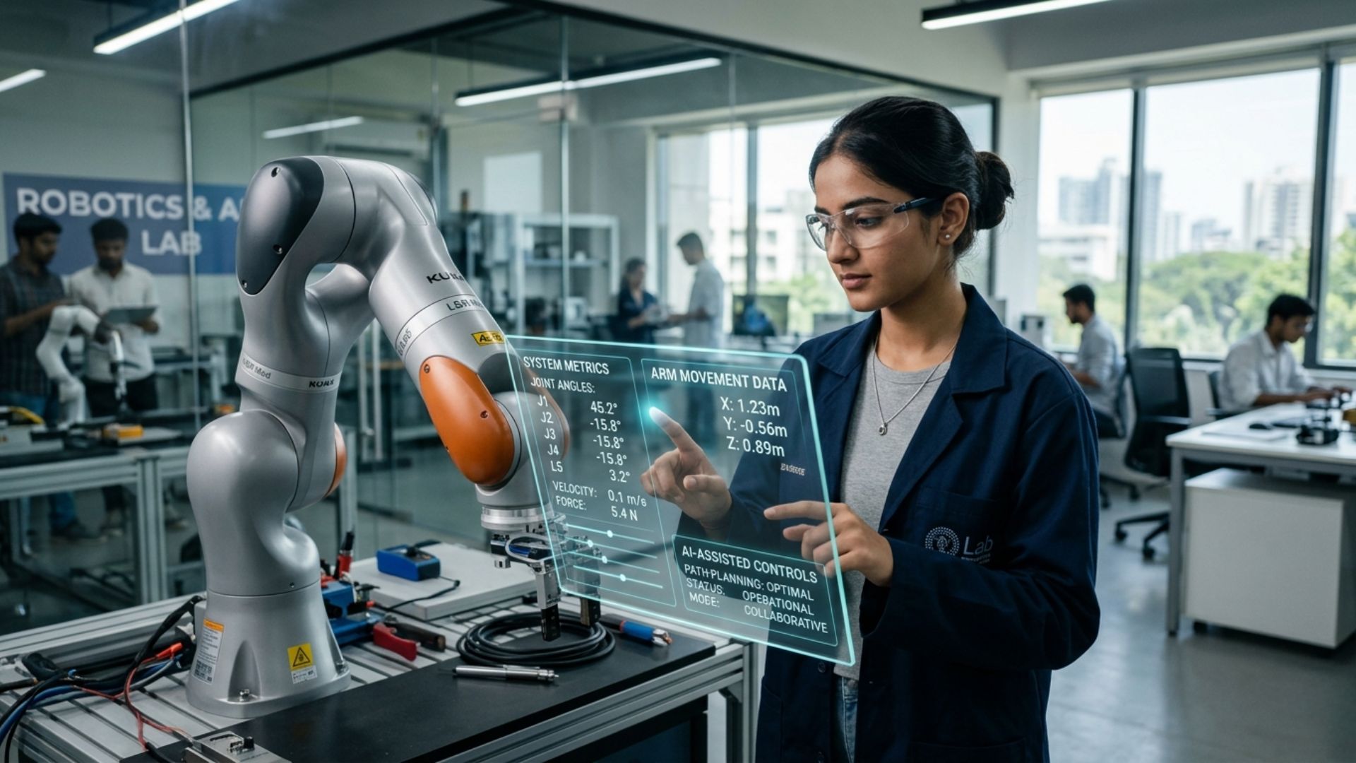 Student working with an AI-powered robotics system in a lab while exploring AI engineering scope