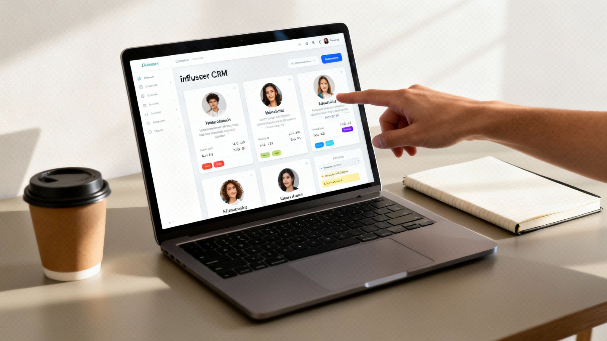 An organized workspace with a laptop showing a laptop showing a TikTok influencer database, alongside products ready for gifting.