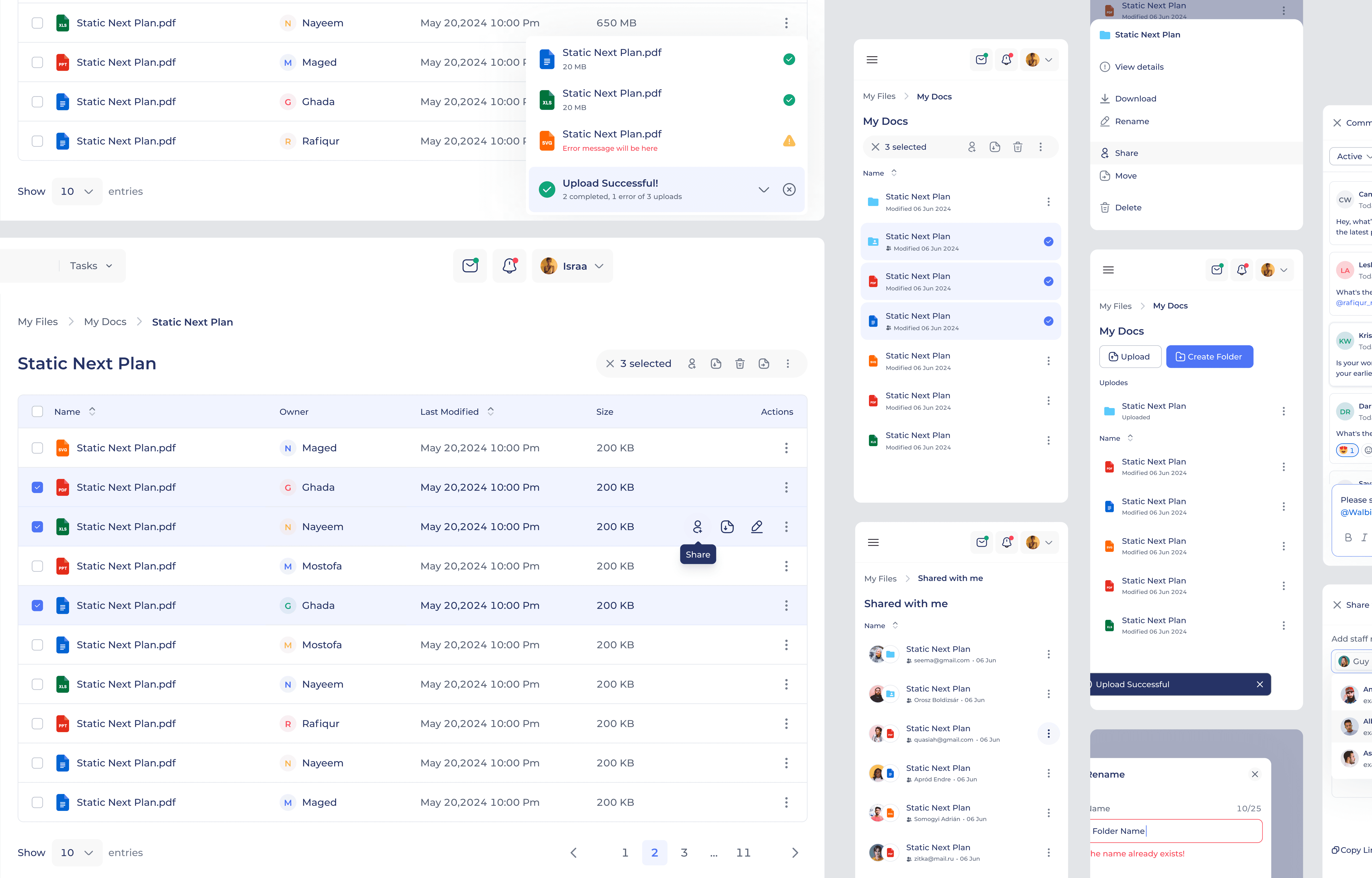 File and resource management dashboard in Get Blended showing document list view, upload status, bulk actions, and shared folders with role-based access controls.