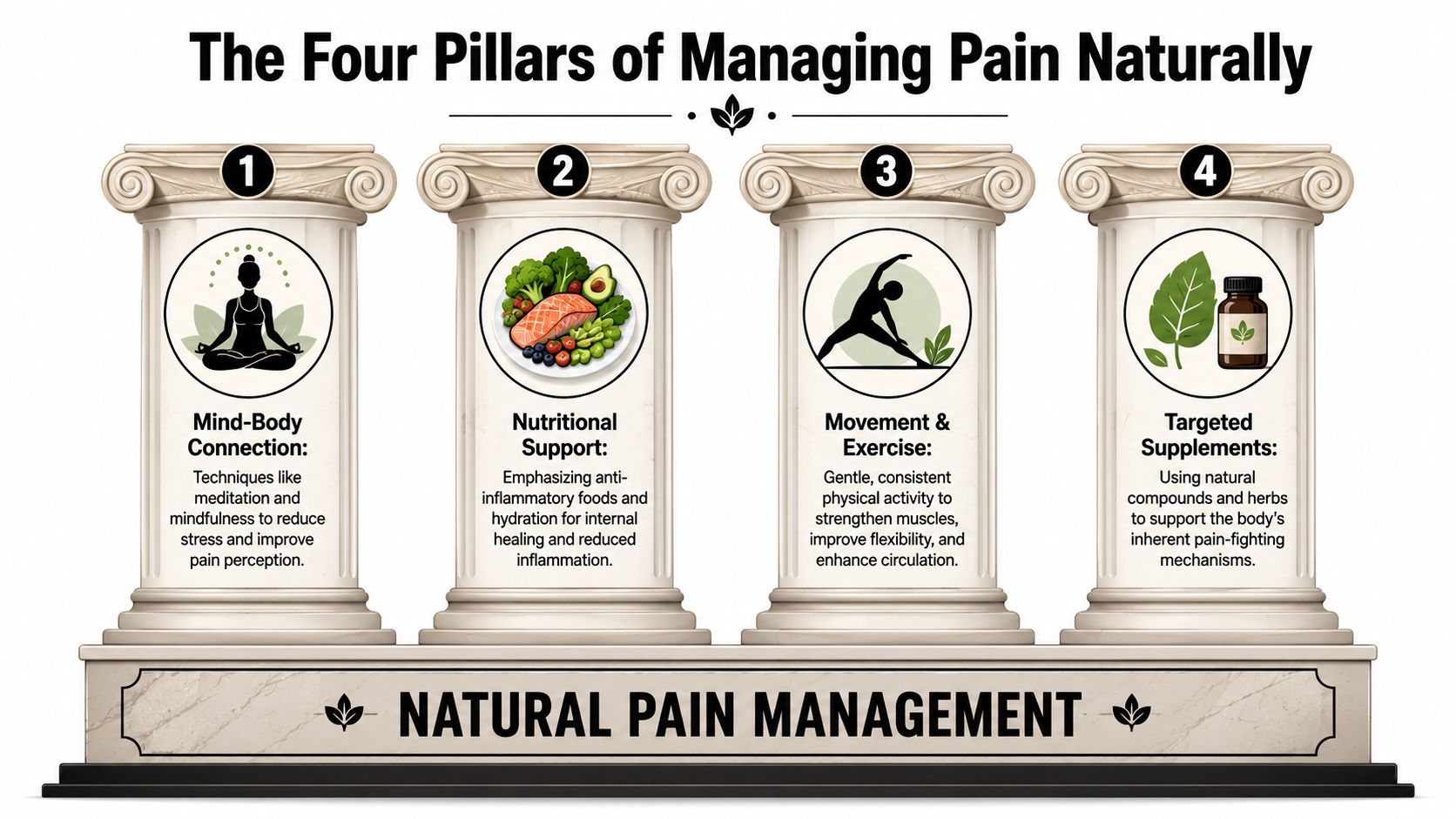 An infographic titled The Four Pillars of Managing Pain Naturally showing four columns representing holistic health methods.