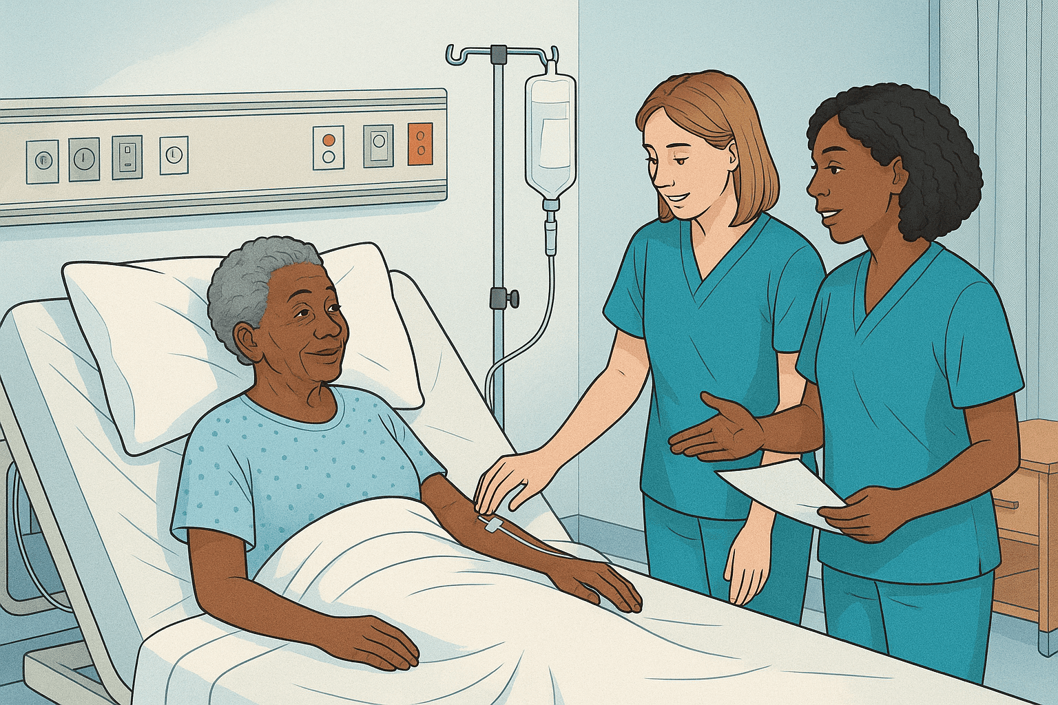 Animation style image of nurses at bedside with patient during handover handoff