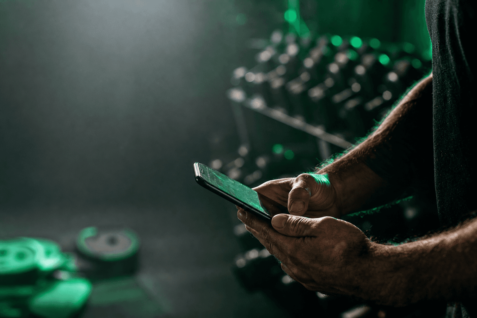 Close-up of a lifter's hands swiping to log a set on a gym log app between sets