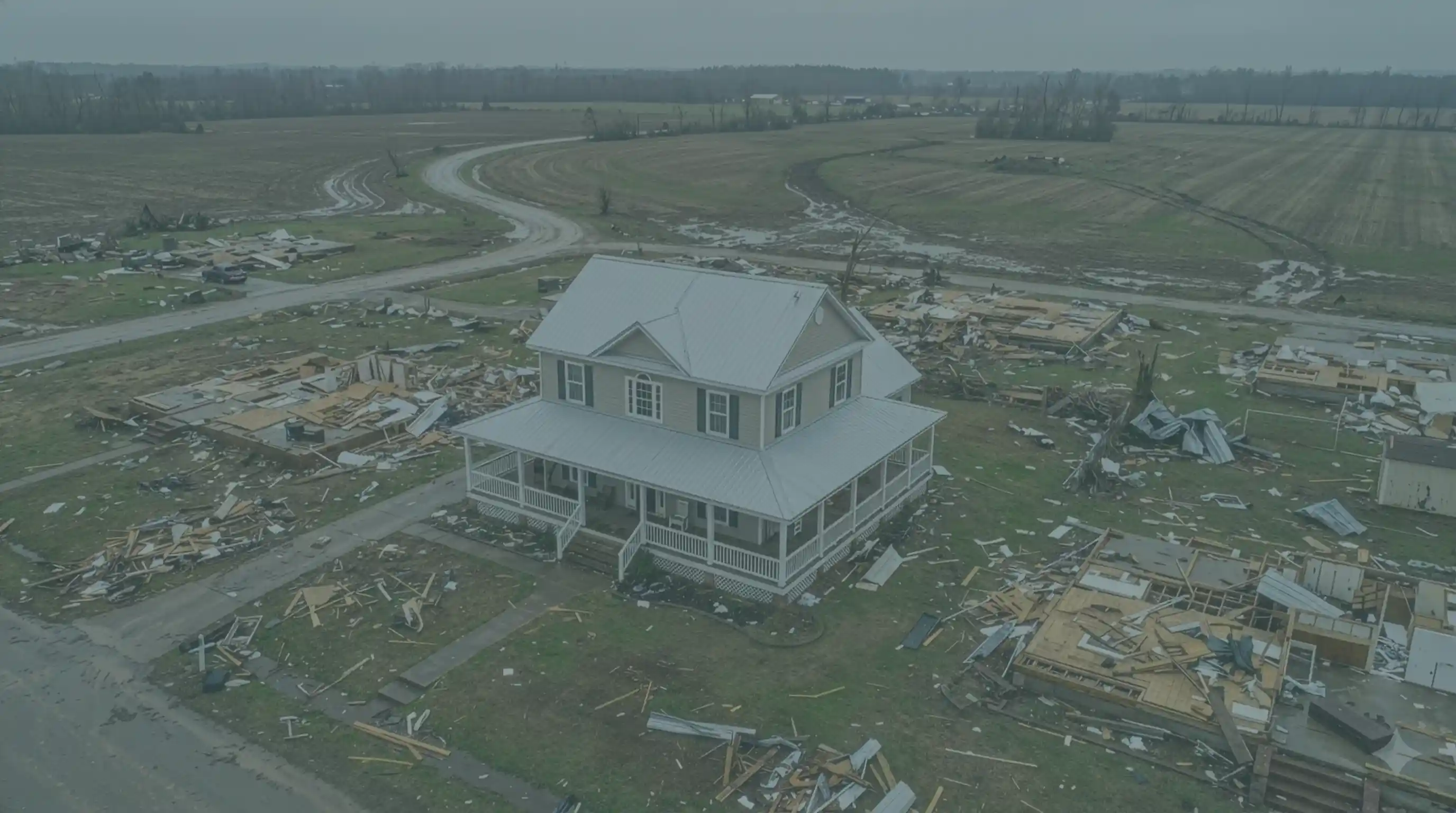 A photo of a house that survived a tornado while everything around i was destroyed
