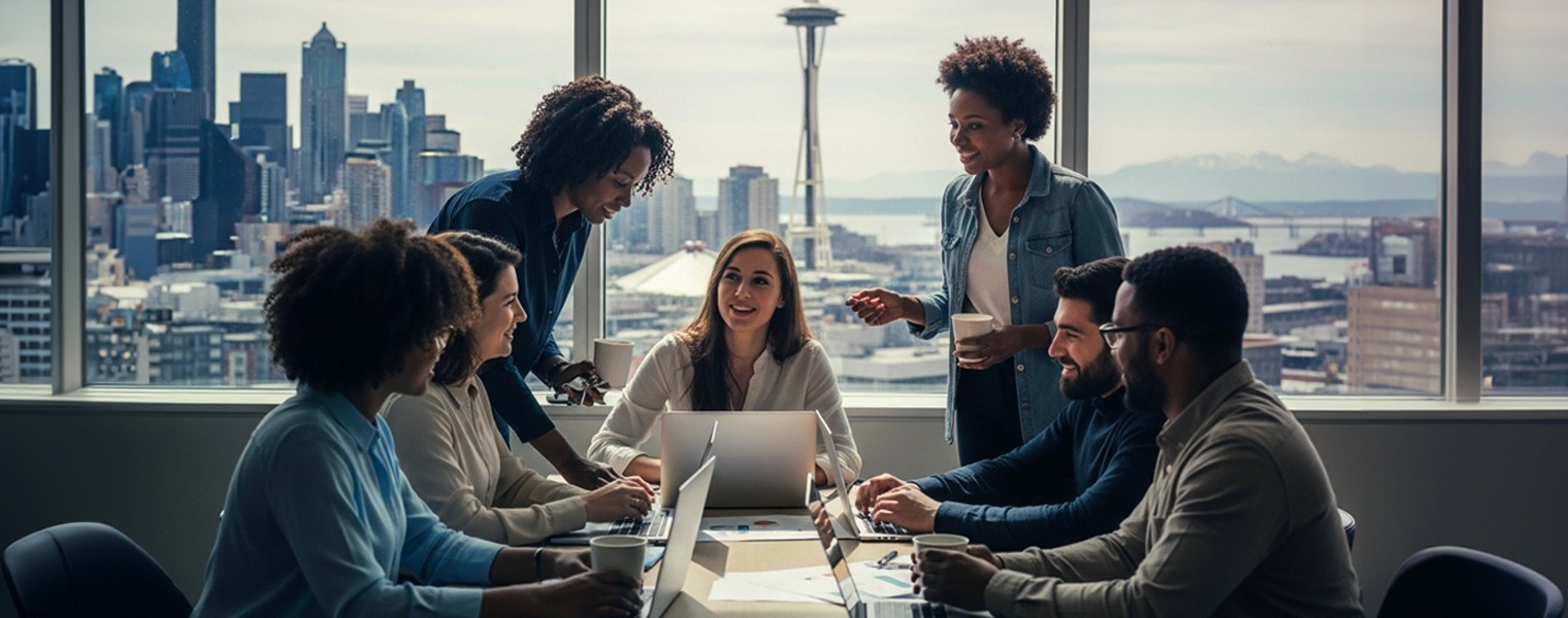 Group of people brainstorm in the office.
