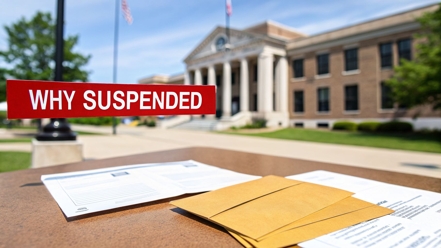 A red sign asking 'WHY SUSPENDED' with legal documents and a courthouse in the background.