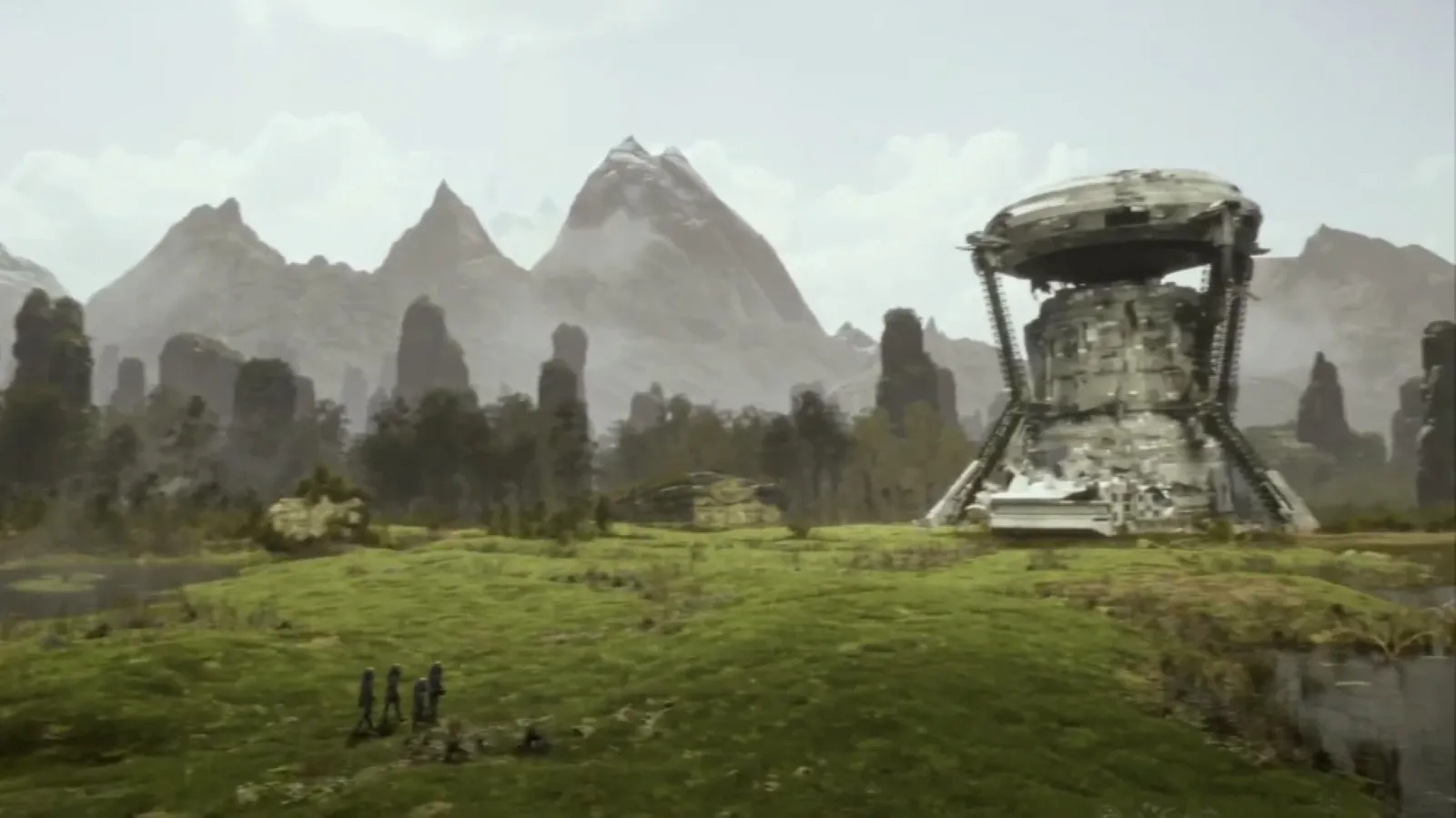 A futuristic, weathered tower stands in a lush, green otherworldly landscape, surrounded by rugged mountains and jagged rock formations under a partly cloudy sky.