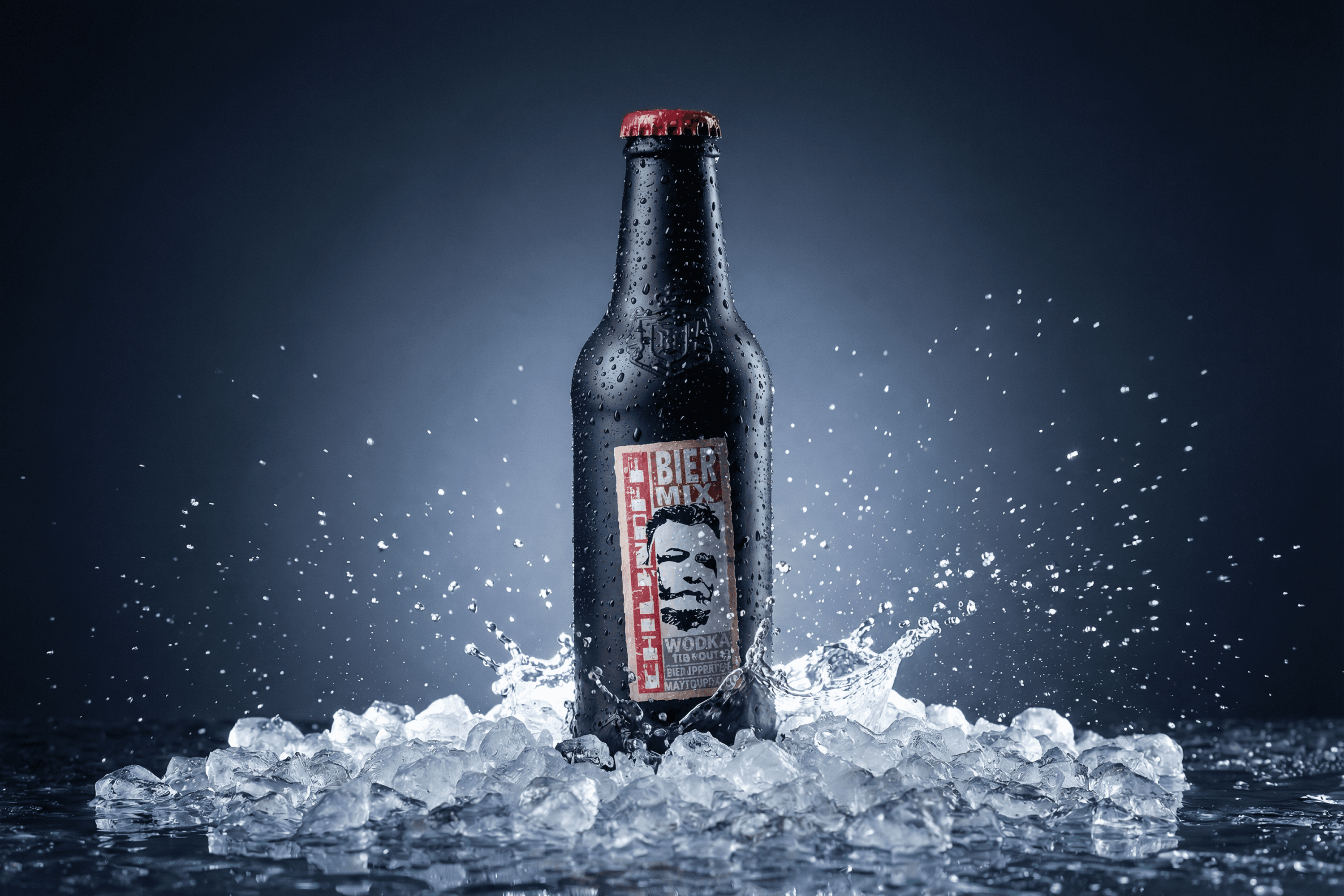 Beer bottle submerged in ice with water splashing.