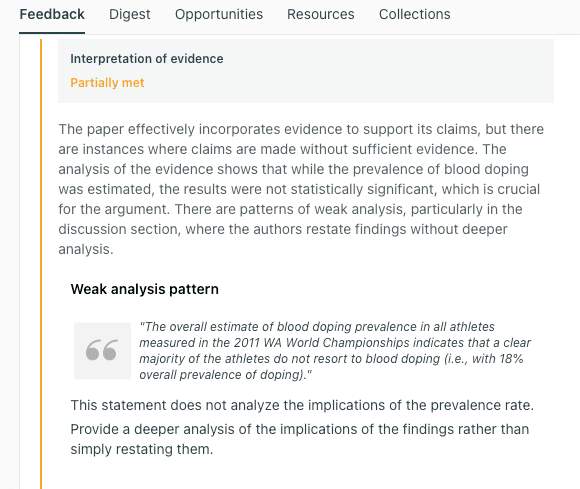 Feedback report flagging a statement on blood doping for restating findings without analyzing implications.