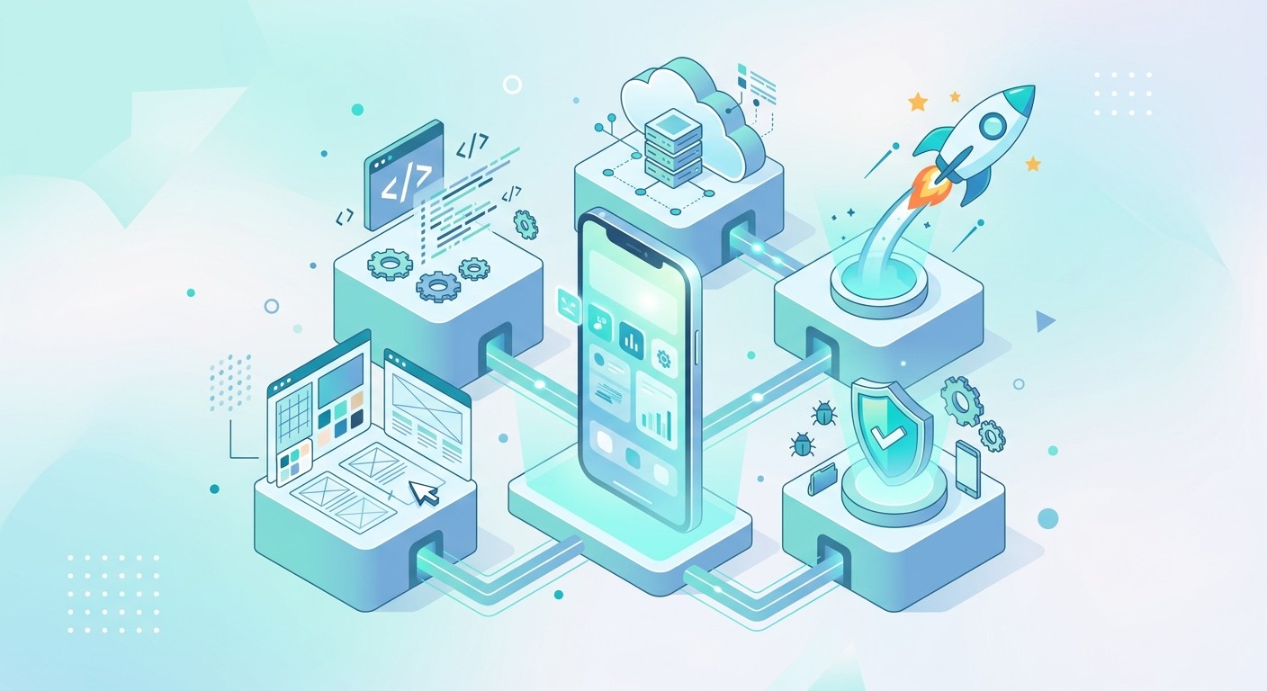 Illustration of a custom mobile app development services stack: design, code, backend, testing, and deployment.