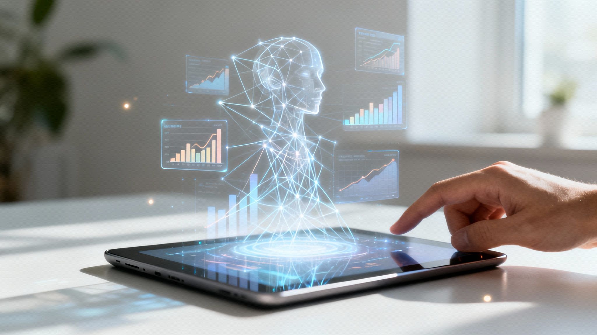 A hand interacts with a tablet showing a holographic AI head and various data charts for business analysis.