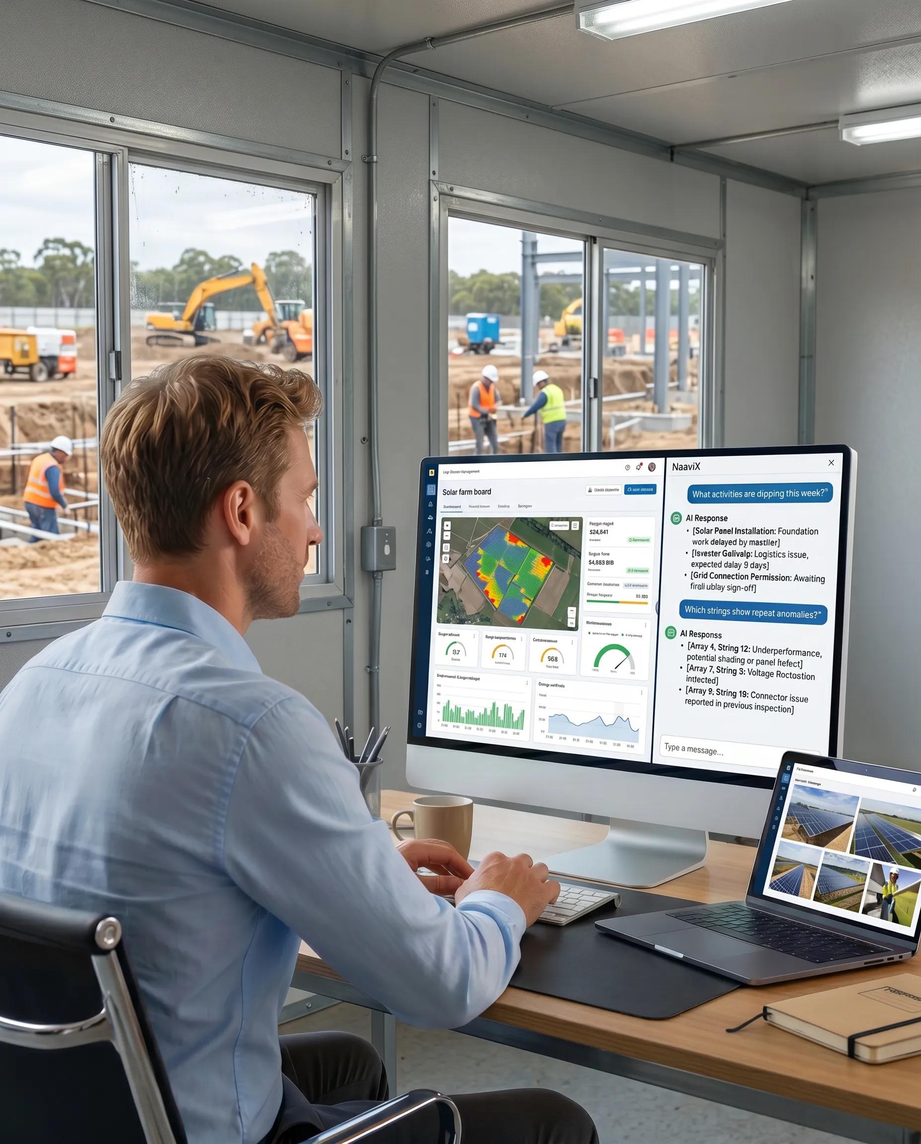 Engineer monitoring solar farm performance analytics and project data on dual screens in a site office overlooking solar panels.
