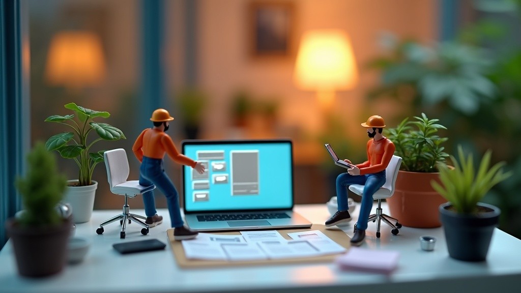 Tiny people building a website layout inside a Framer-style miniature studio.