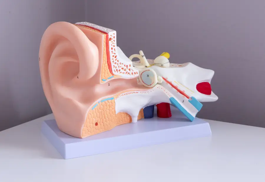 An anatomical model of the ear, showing the ear canal, the middle ear and the inner ear.