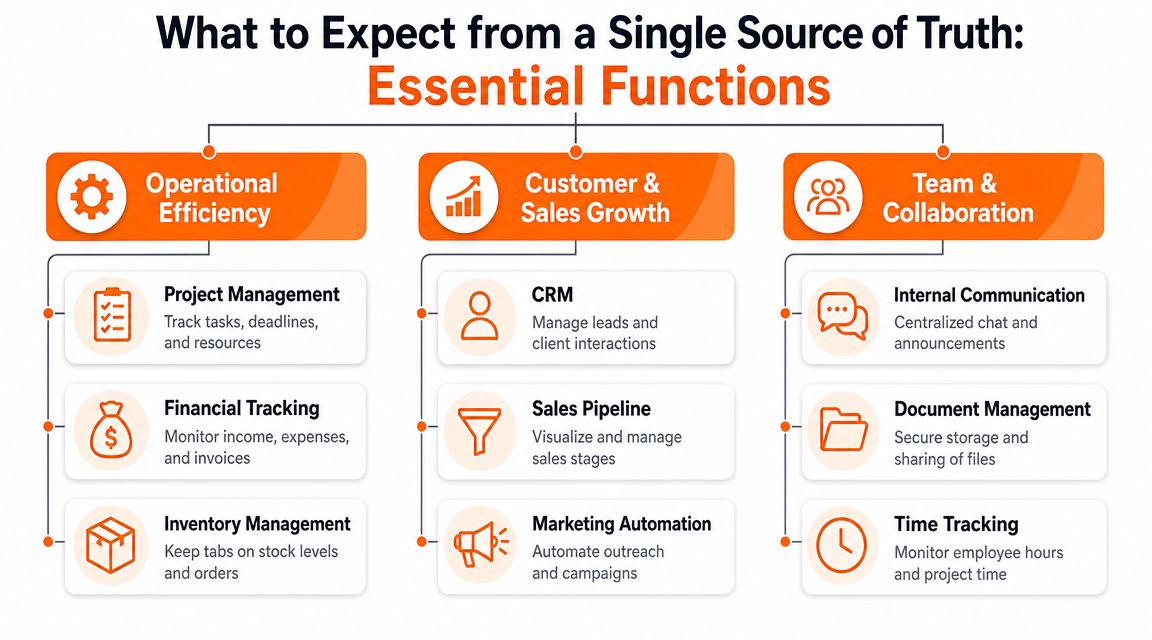 A diagram illustrating the essential functions of a single source of truth for business management.