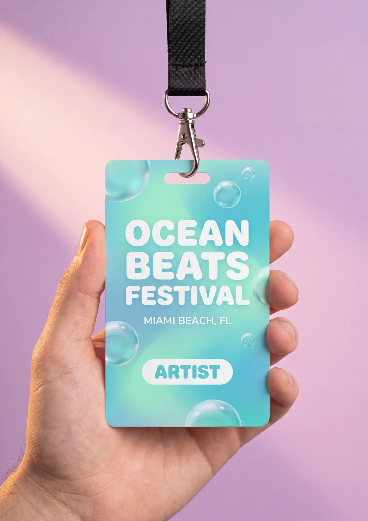 Festival artist badge with lanyard and swivel hook