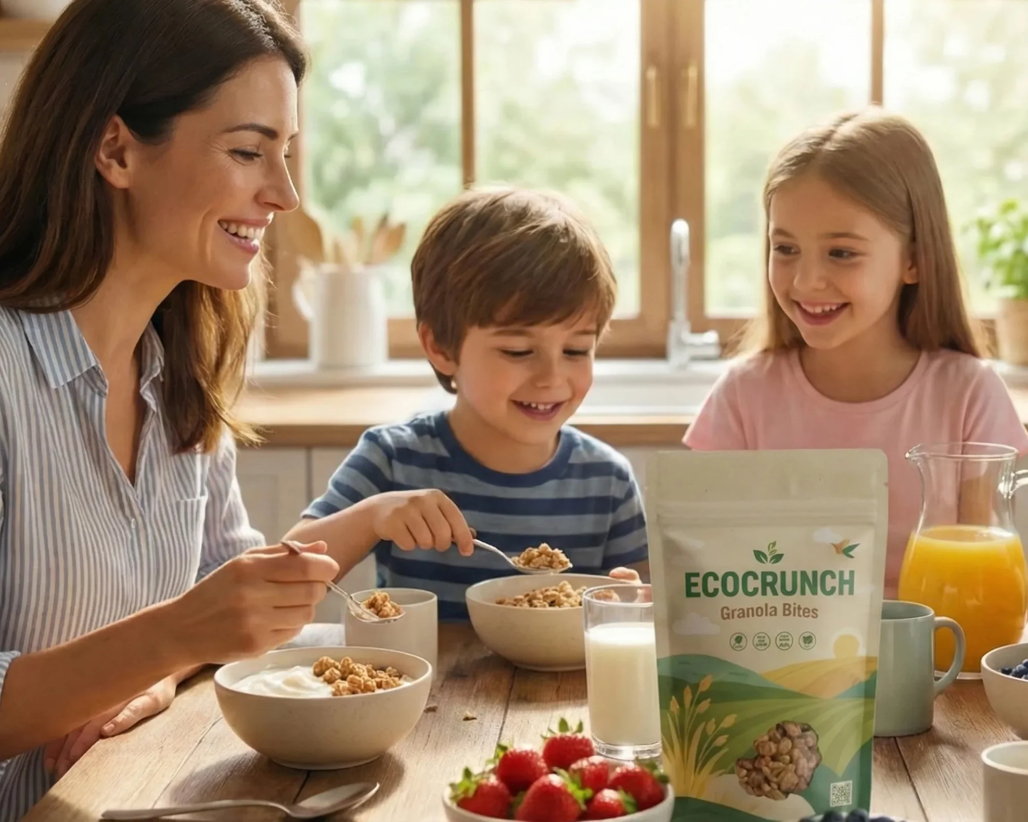 A mother and two young children eating EcoCrunch granola together at a sunlit kitchen table.