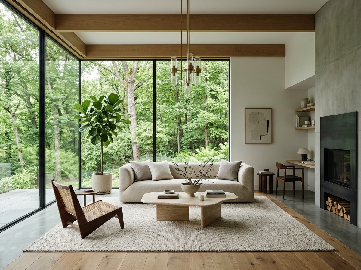 A light-filled living room in the trees