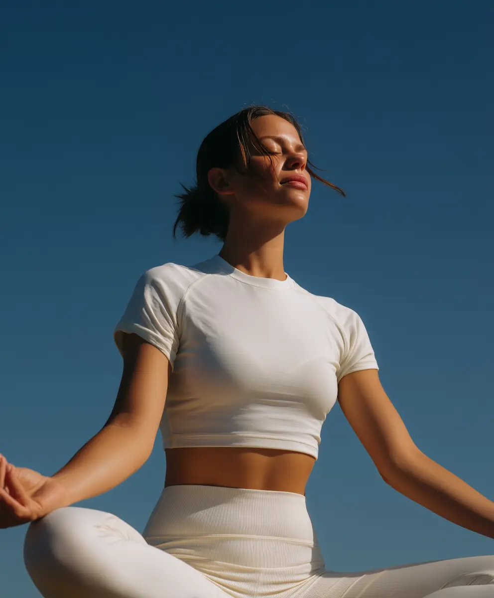 Mulher meditando ao ar livre, representando equilíbrio e bem-estar