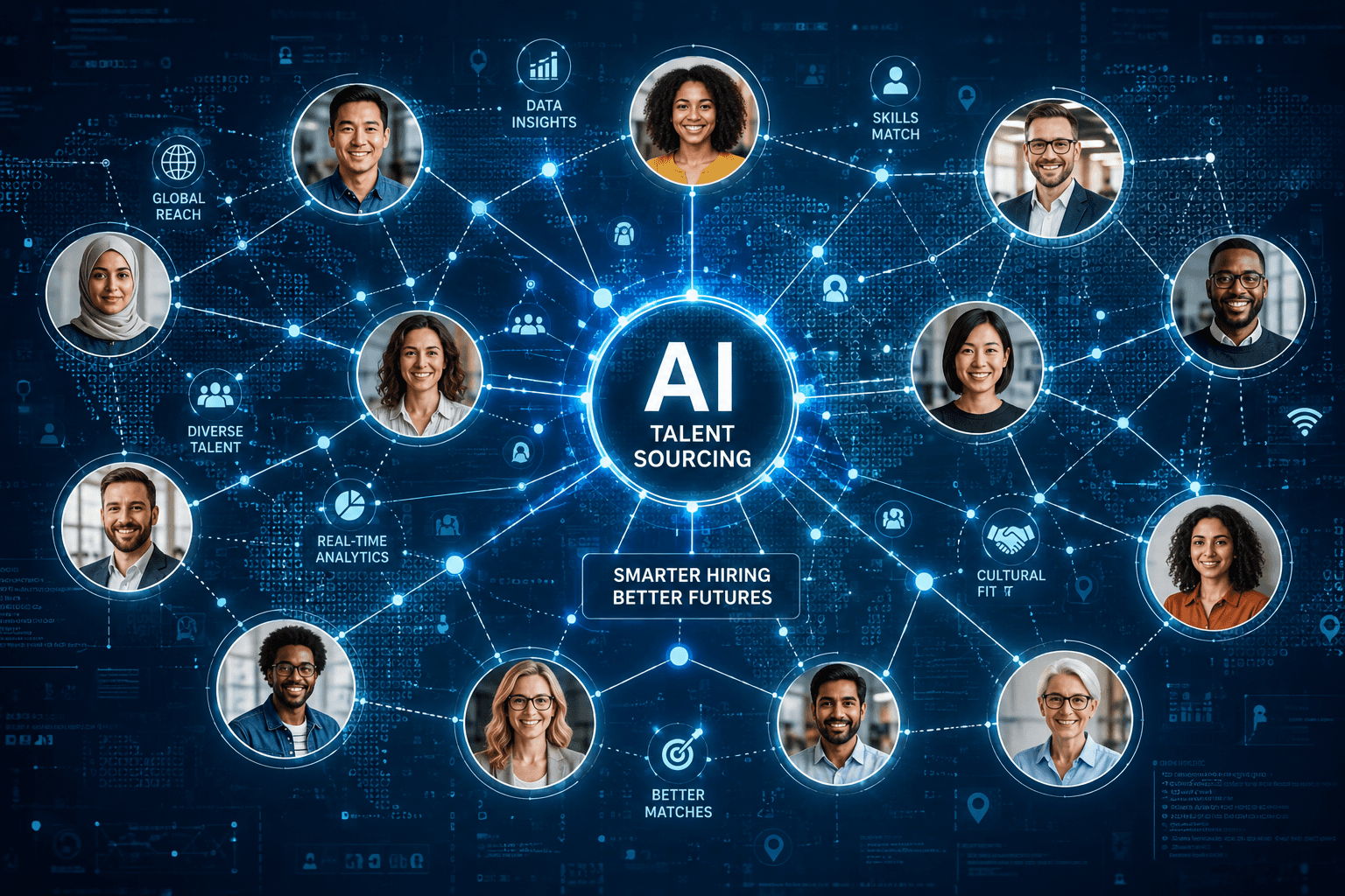 Interconnected network of diverse professionals represented as data nodes against a dark digital background