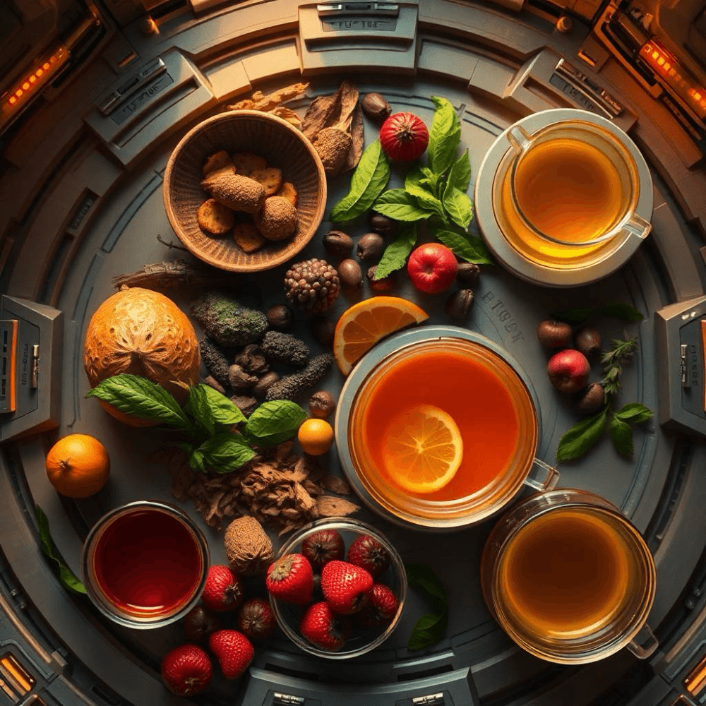 Top-down view of antioxidant-rich heart-healthy foods, including berries, leafy greens, nuts, and herbal teas, arranged on a futuristic surface with a sci-fi-inspired design and warm lighting.