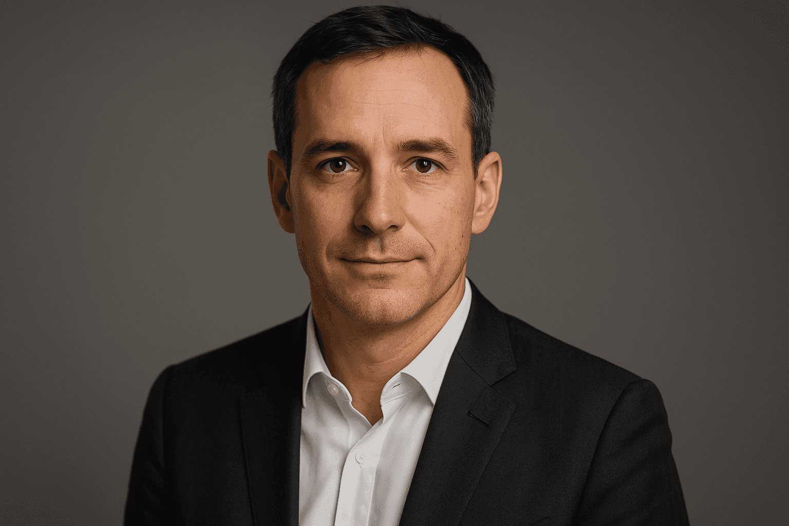 Professional business executive in a dark blazer and white shirt, centered in a minimalist studio with a neutral gray background. Soft lighting highlights authentic details and confident, approachable expression, demonstrating qualities of an exceptional corporate headshot. The shallow depth of field keeps the focus on the subject.