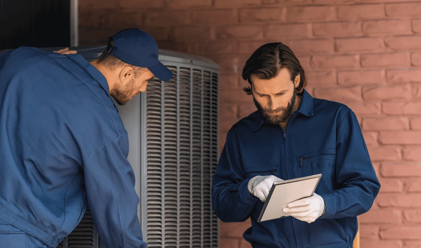 Two HVAC installers installing unit outside home