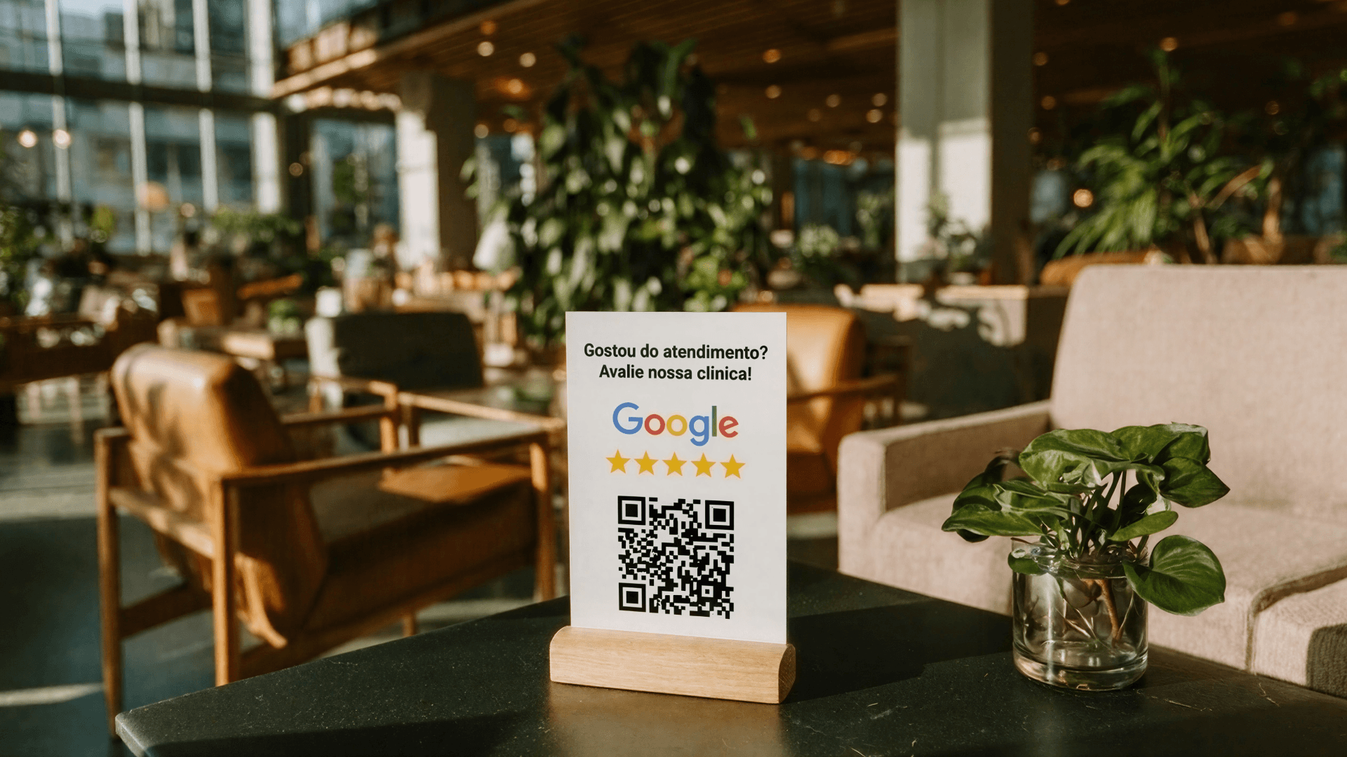 Fotografia em plano médio com profundidade de campo reduzida. Em primeiro plano, um display de papel branco com base de madeira está posicionado sobre uma mesa escura. No papel, lê-se o texto em português: "Gostou do atendimento? Avalie nossa clínica!", seguido pelo logo colorido do Google, cinco estrelas de avaliação douradas e um QR Code funcional. Ao fundo, o ambiente de uma recepção ou lounge bem iluminado, com poltronas de couro marrom, plantas ornamentais e janelas amplas com luz natural, criando uma atmosfera acolhedora e profissional.