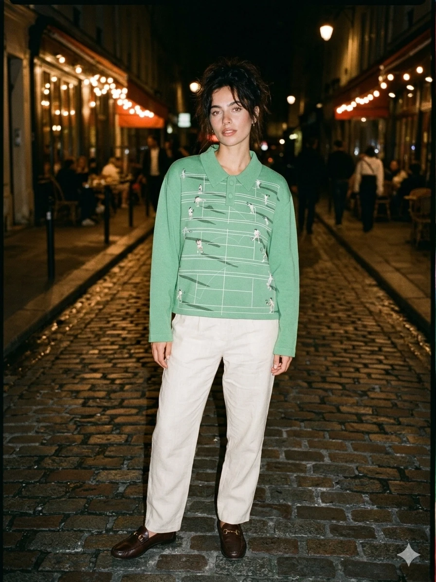 Model wearing mint tennis montage knit pullover. Photo taken on film, with a flash.